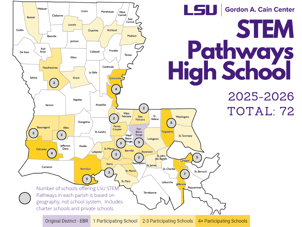 This image shows a map of Louisiana with the participating parishes highlighted in shades of yellow. The data shows that we are serving 72 schools this year. For more detailed information, please email stempathways@lsu.edu.