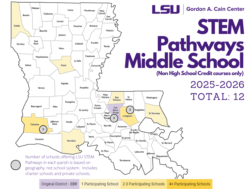 This image shows a map of Louisiana with the participating parishes highlighted in shades of yellow. The data shows that we are serving 12 schools this year. For more detailed information, please email stempathways@lsu.edu.