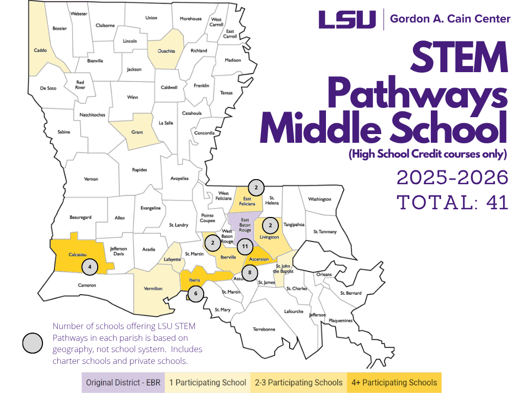 This image shows a map of Louisiana with the participating parishes highlighted in shades of yellow. The data shows that we are serving 41 schools this year. For more detailed information, please email stempathways@lsu.edu.