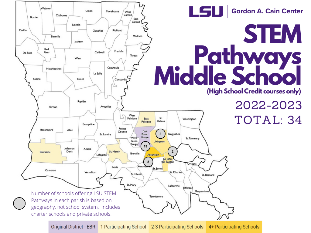 This image shows a map of Louisiana with the participating parishes highlighted in shades of yellow. The data shows that we are serving 34 schools this year. For more detailed information, please email stempathways@lsu.edu.